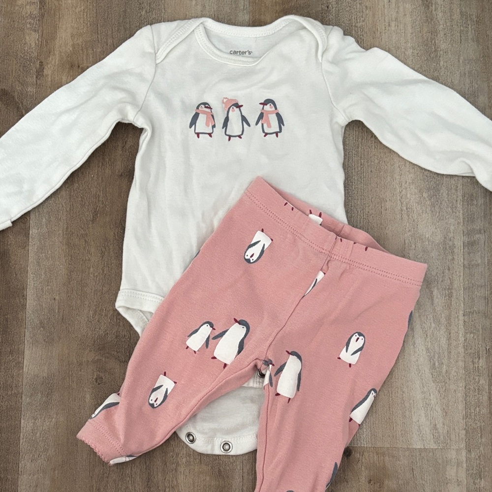 Carter's White Long-Sleeve Penguin Onesie with Pink Penguin Pants